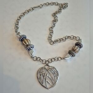 Chunky Statement LR Heart Pendant Silver Tone Bead Necklace